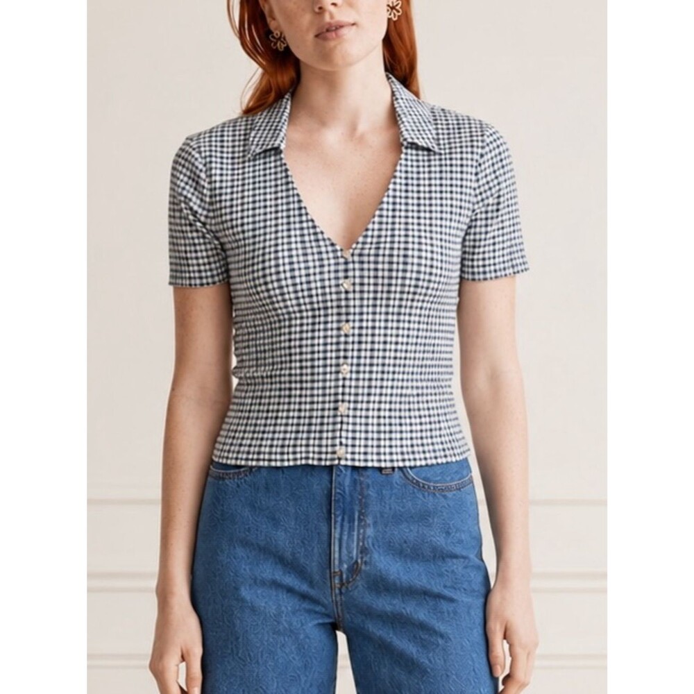 Madewell Mineral Blue Gingham Cropped Button Front Top Medium Stretch Plaid Y2K